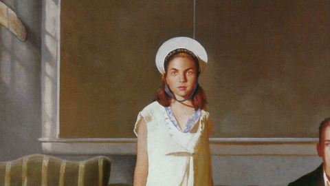 Watercolor painting of a young white girl wearing a white dress and white hat standing next to a green chair with a white young boy sitting next to her on the right.