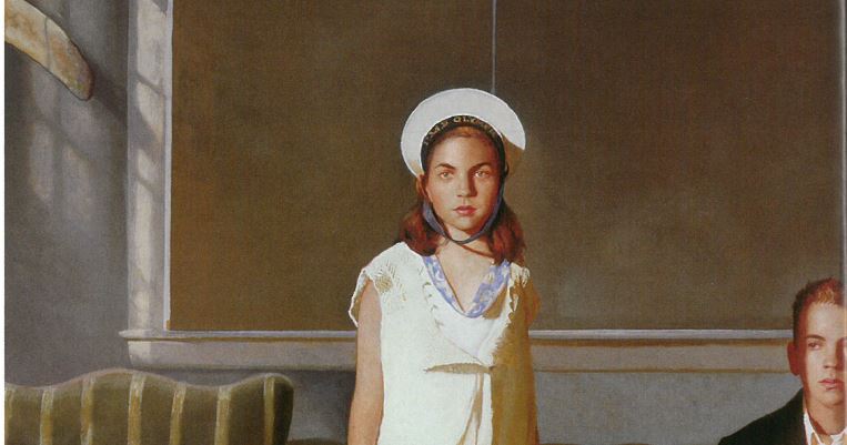 Watercolor painting of a young white girl wearing a white dress and white hat standing next to a green chair with a white young boy sitting next to her on the right.