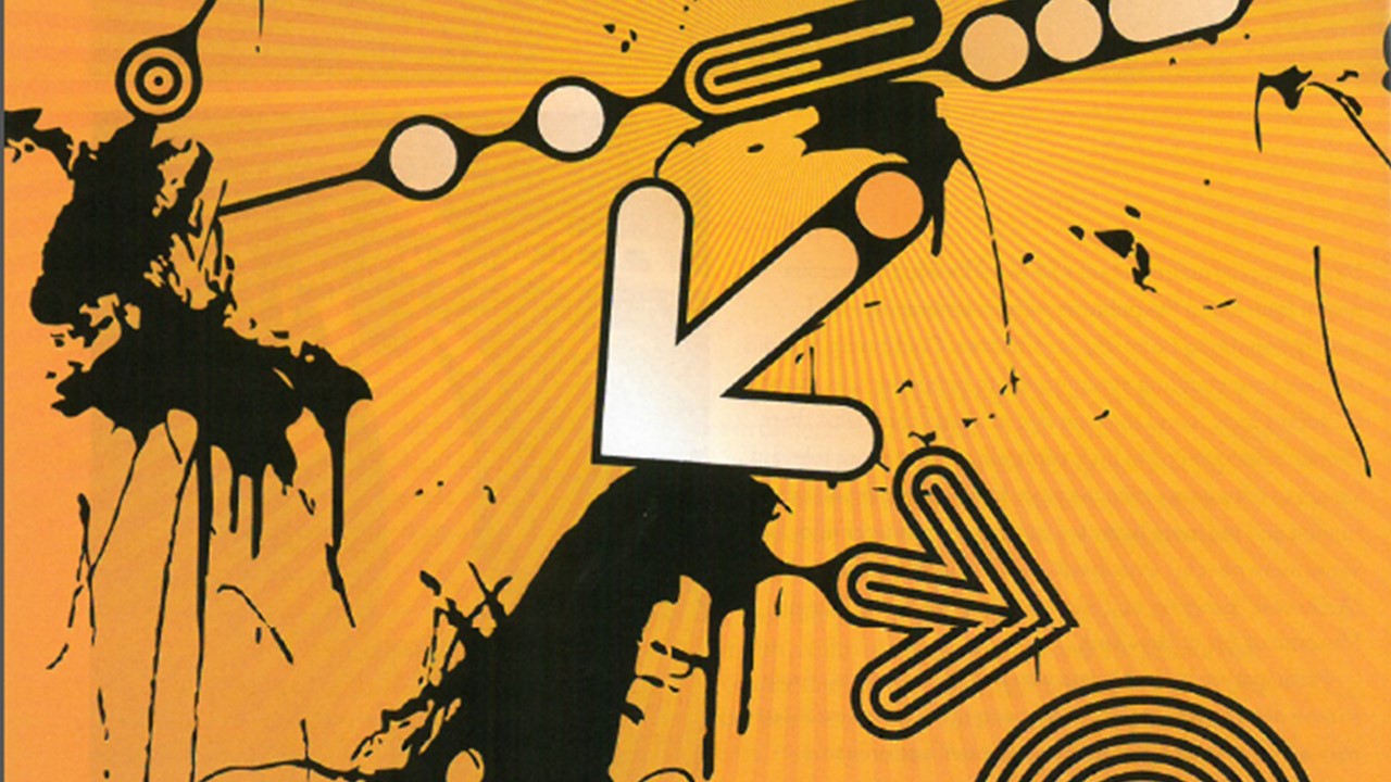 A series of arrows and other shapes on a mustard yellow background.