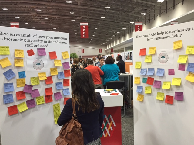 Audience Response boards at the AAM 2016 Annual Meeting that ask questions about how museums can increase diversity among their audiences, staff, and boards. A second response board asks about how AAM can help foster innovation in the museum field.