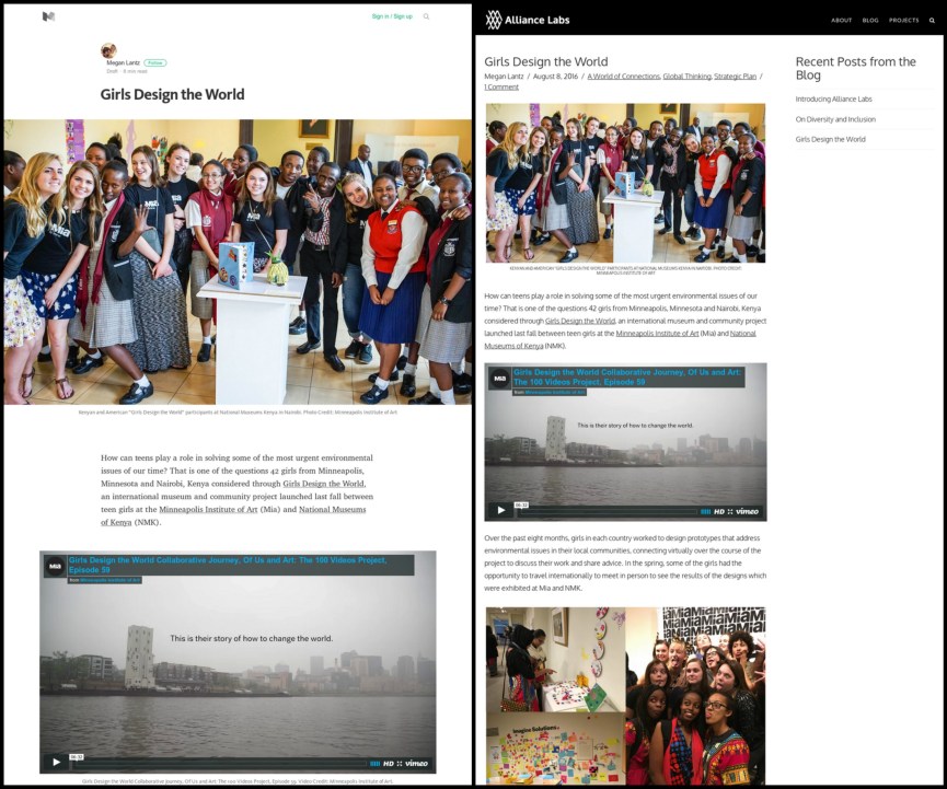 Two versions of the article hilighting the Girls Design the World project. Medium is on the left and WordPress is on the right.