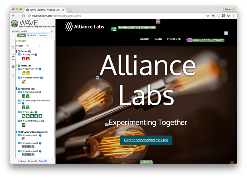 These are the results of running the WAVE tool on the Alliance Labs Website. You can explore each of the results on the left to understand better how to fix accessibility problems.