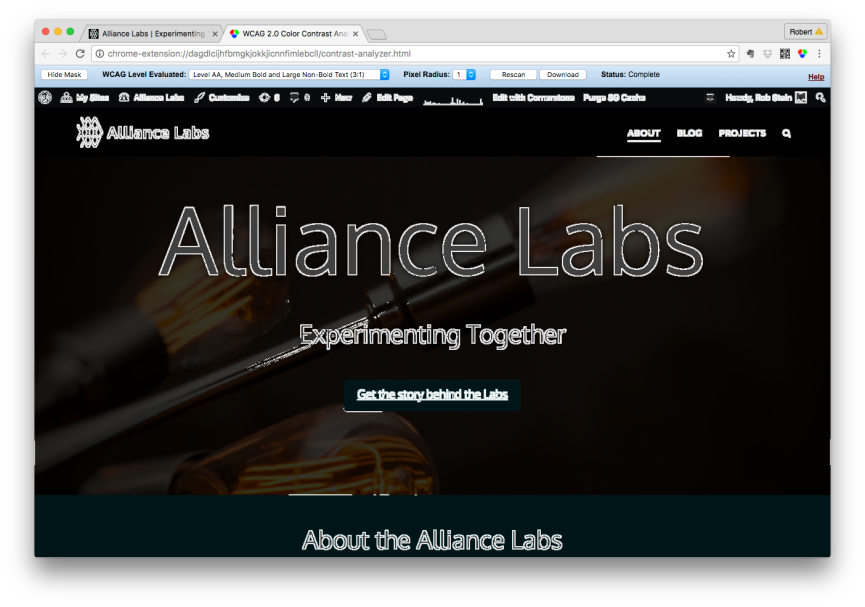 These are the results of running the Color Contrast Check Extension against the WCAG 2.0 specs on our design for the Alliance Labs website