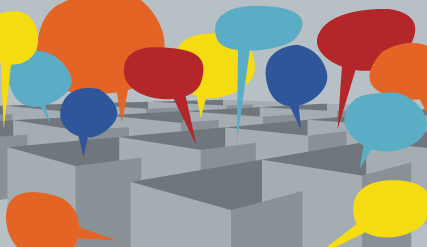 Graphic of an office space with conversation bubbles. Original graphic by Flickr user opensourceway modified. CC BY-SA 2.0