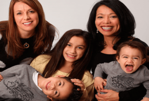 A family with two women and three children, smiling.