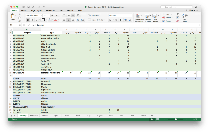 An Image of the Updated Attendance Spreadsheet