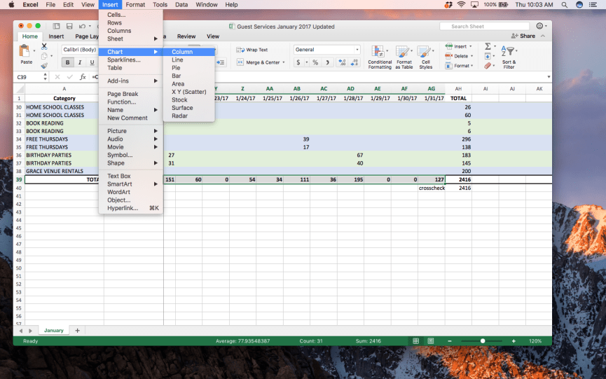 Screenshot of creating a chart in Excel