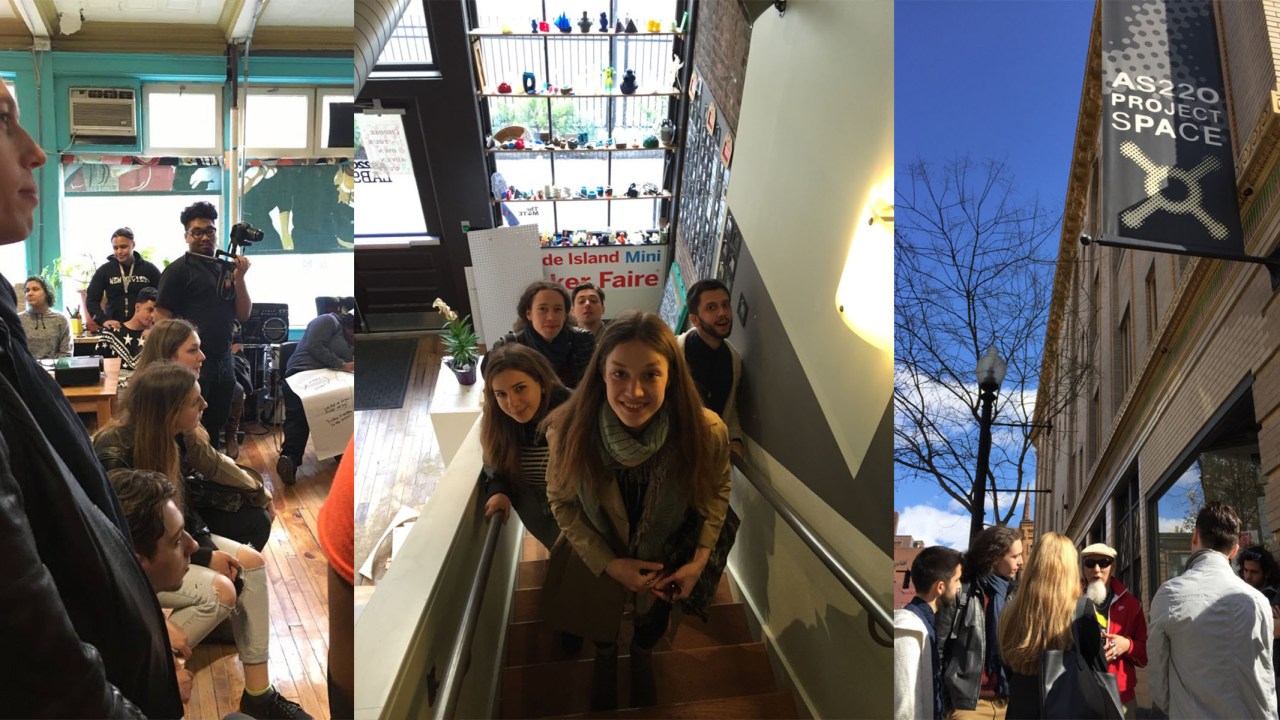 A collage of three pictures showing students in conversation in a classroom, riding up an escalator, and outside of a building.