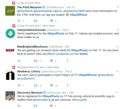 #DayOfFacts list of numberous Tweets from The Field Museum, Interpretation Canada, New England Museum Association, Newberry Library, and Discovery Museum.