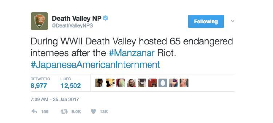 Tweet from Death Valley NP saying: During WWII Death Valley hosted 65 endangered internees after the #Manzanar Riot. #JapaneseAmericanInternment