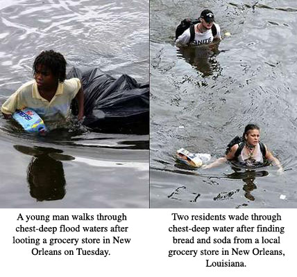 Two side-by-side images one of a black boy one of two white people wading through waist deep water in New Orleans