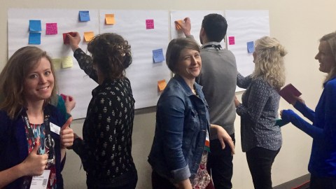 A group of people participating in an exercise with post-it notes and large sheets of paper on the wall