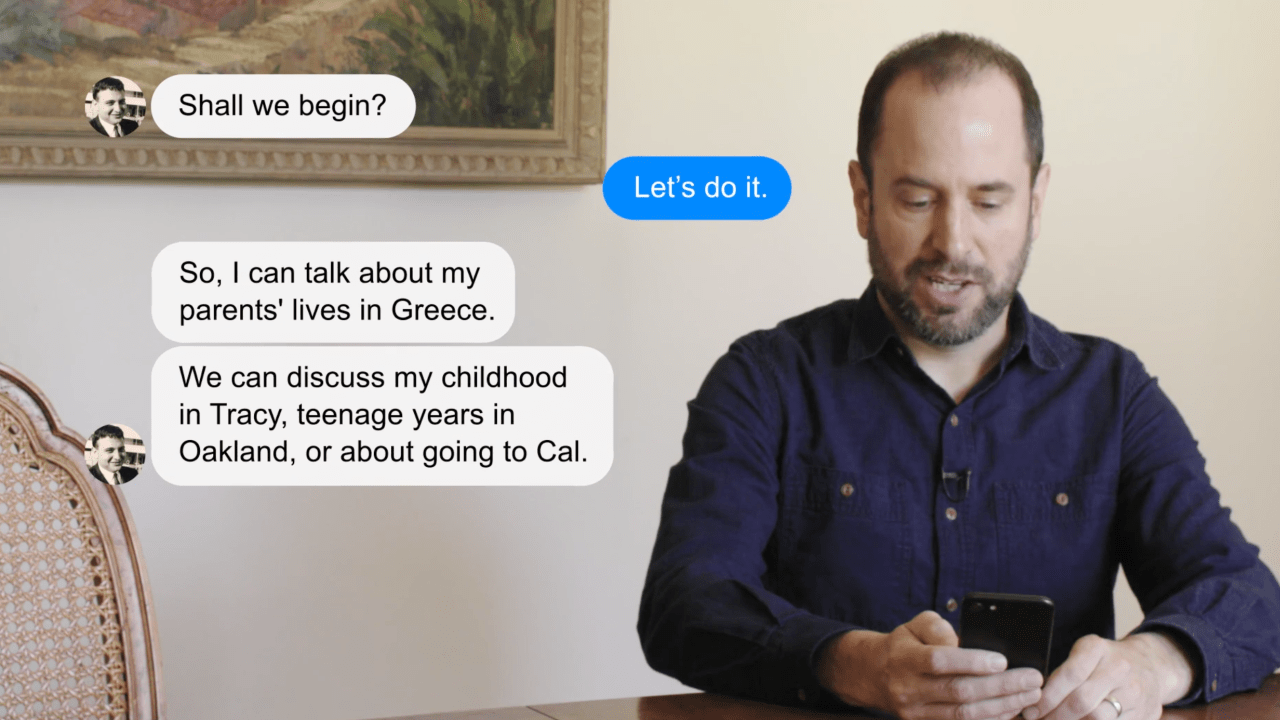 Man texting an AI agent on his phone. The conversation is rendered in bubbles in the image