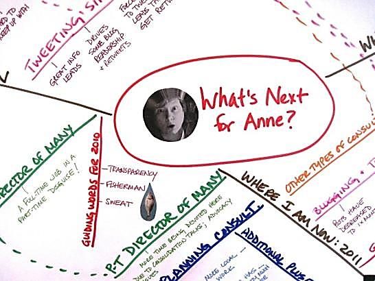 Picture of a detailed drawing with lines and images of how Anne Ackerson got where she is.