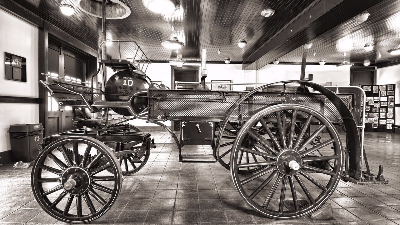 Black and white image of a fire engine wagon