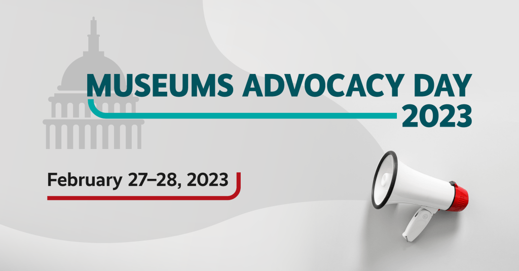 Illustration of the dome of the U.S. Capitol Building and a megaphone, graphic reads Museums Advocacy Day 2023: February 27-28, 2023.