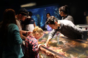 A young child looks over a rail while a teen assists her understand the object