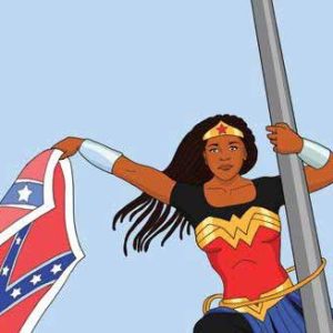 Cartoon image of a dark skinned Wonder Woman scaling a flag pole with the Confederate Battle Flag in her hand