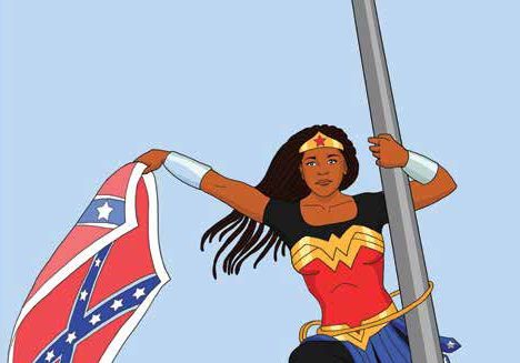 Cartoon image of a dark skinned Wonder Woman scaling a flag pole with the Confederate Battle Flag in her hand