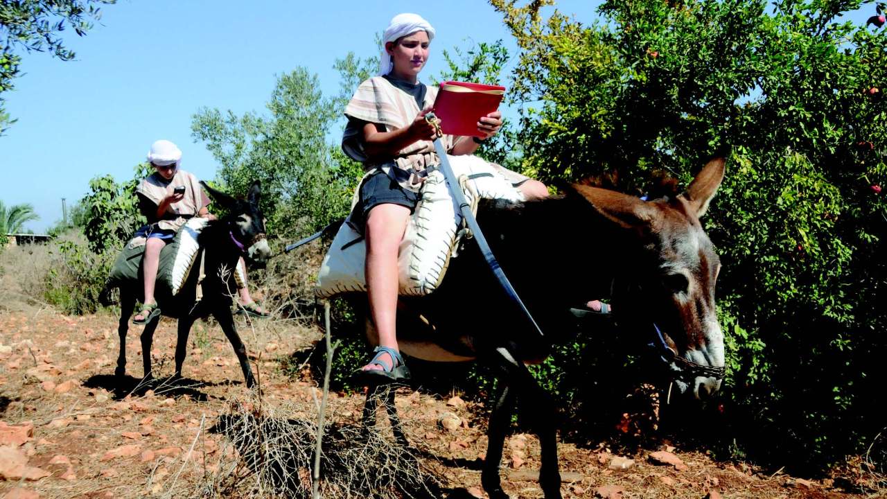 Two young men sit on donkeys carrying tablet devices