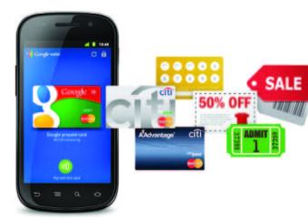 IMage of cell phone with a variety of credit cards and other coupons overlapping. 