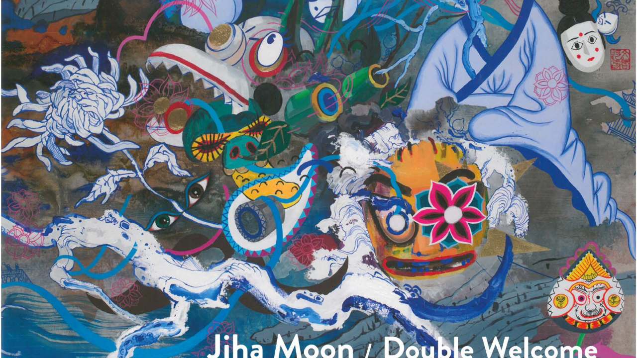 Image of "Jiha Moon: Double Welcome, Most Everyone's Mad Here," designed by Mark Lawrence, Gil Shuler Graphic Design. It was awarded for excellence in design in the 2017 Publication Competition and is an Asian-inspired, abstract artwork with a vibrant, blue background that includes masks, dragons, and a kimono.