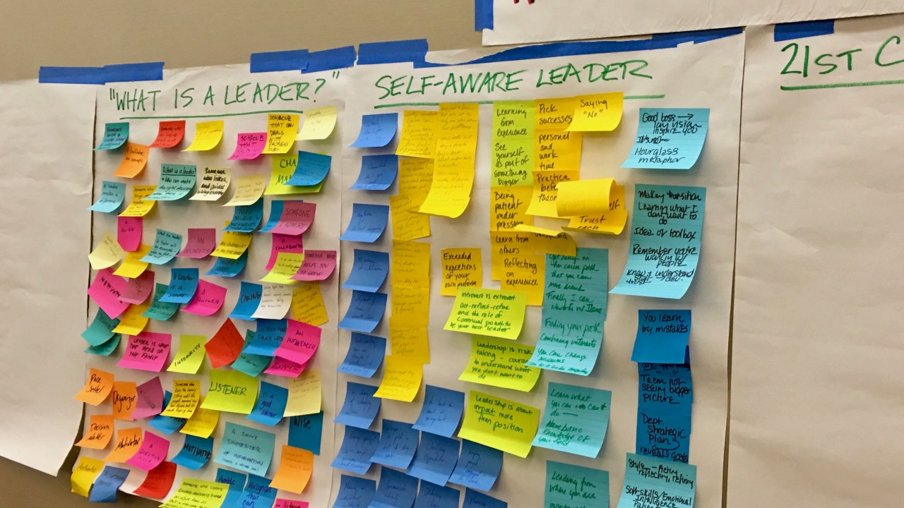 This image shows a large piece of paper with colorful post-it notes attached from a leadership session at AAM's 2017 Annual Meeting. On each note, people have written down different qualities of leadership.