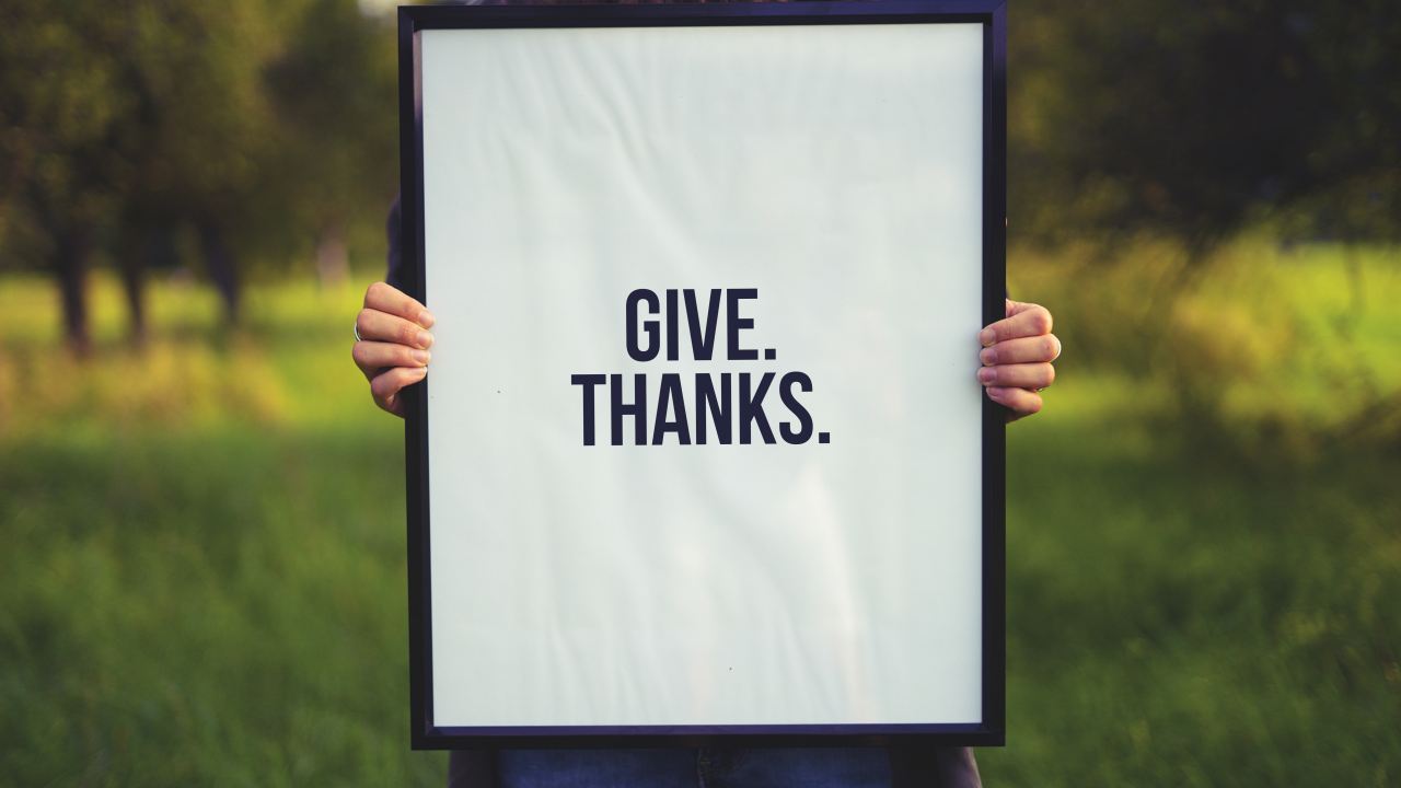 Image of a sign that says, "Give Thanks" held by a hidden person standing in a green field.