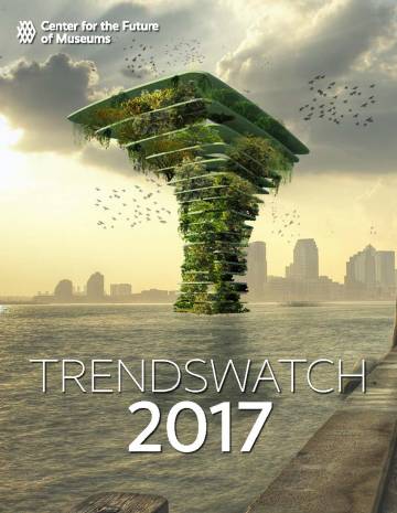 Cover of TrendsWatch 2017 with a large tree-like structure looming out of the water with a city scape in the background.