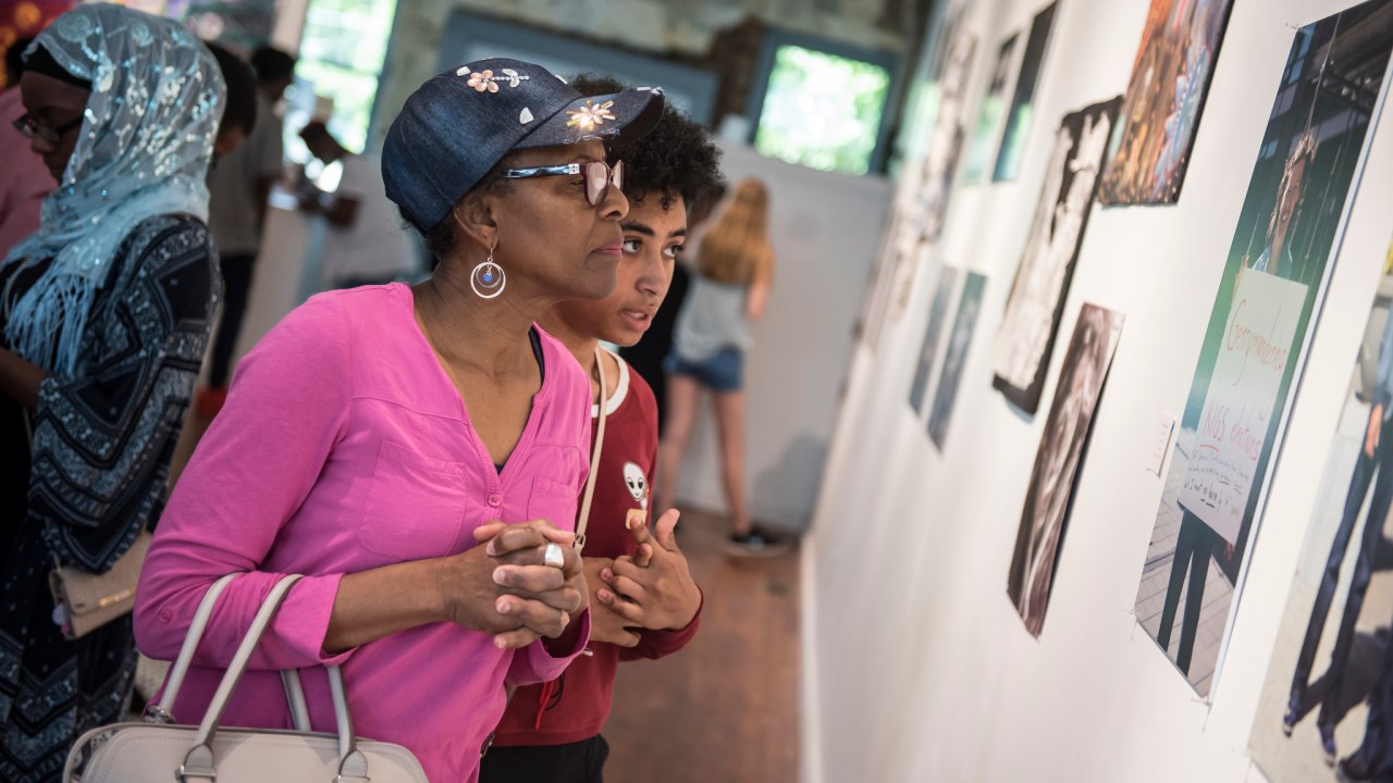 A woman and teen look at a piece of art at the Nasher Museum of Art. Photo by J Caldwell, Nasher Museum at Duke University