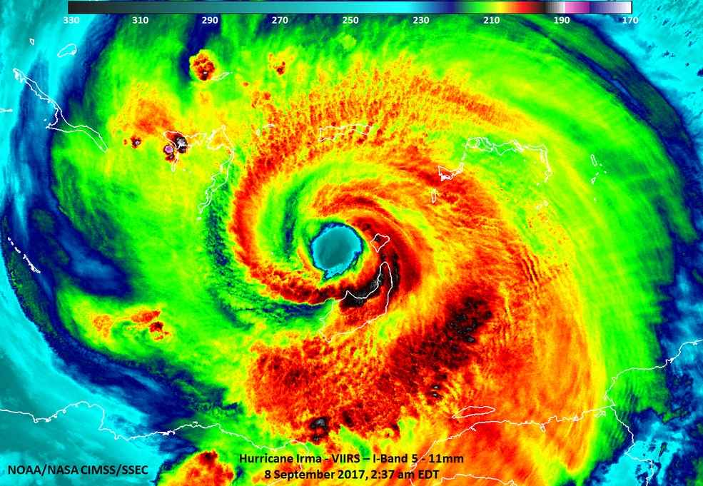 Radar image of a hurricane in bright red, green and blue colors