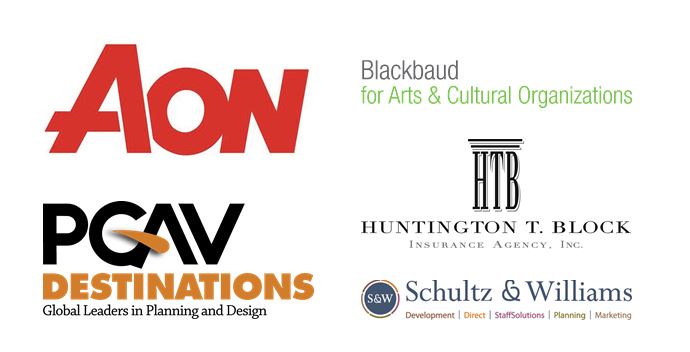 Logos for AON, Blackbaud for Arts & Culture Organizations, Huntington T. Block Insurance Agency Inc., PGAV Destinations, and Schultz & Williams