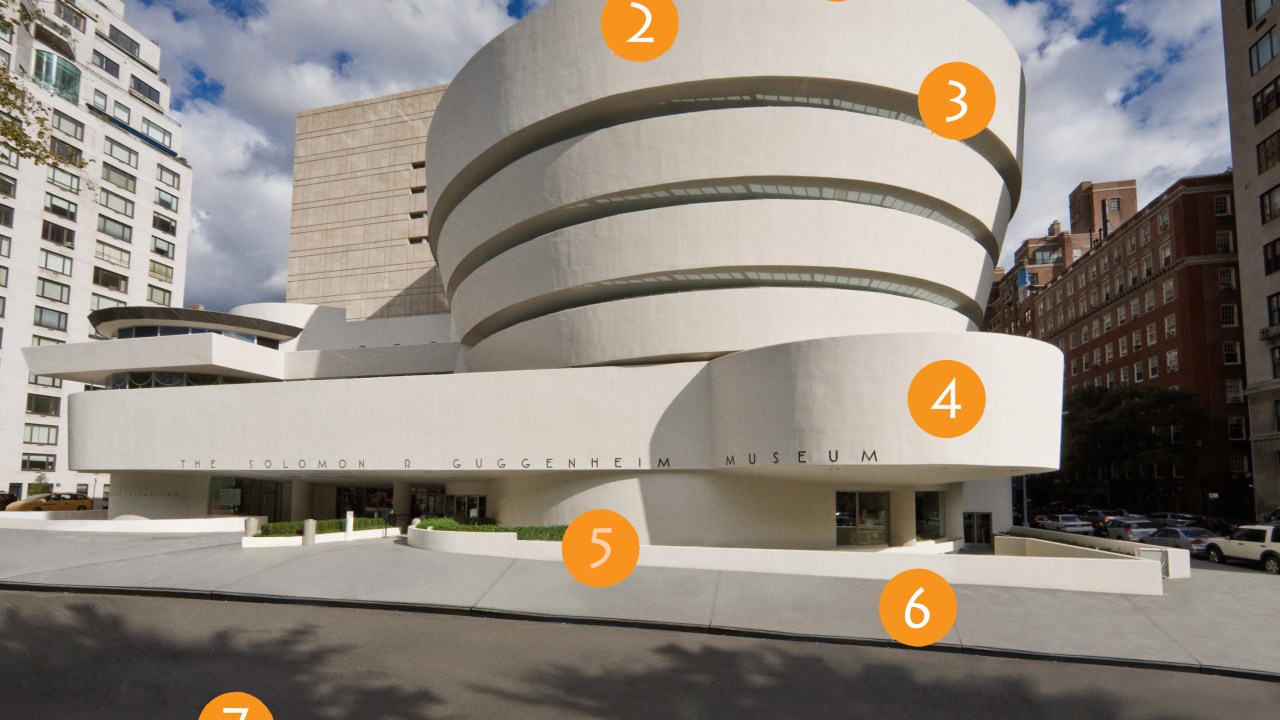 External image of the Guggenheim museum with orange dots on the outside to point out points of interest for the article