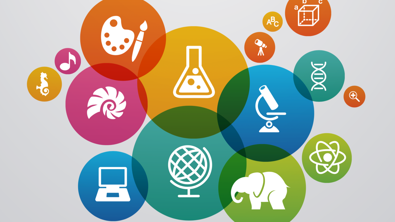 Brightly colored bubbles with icons of various things: beaker, paint pallet, microscope, etc...