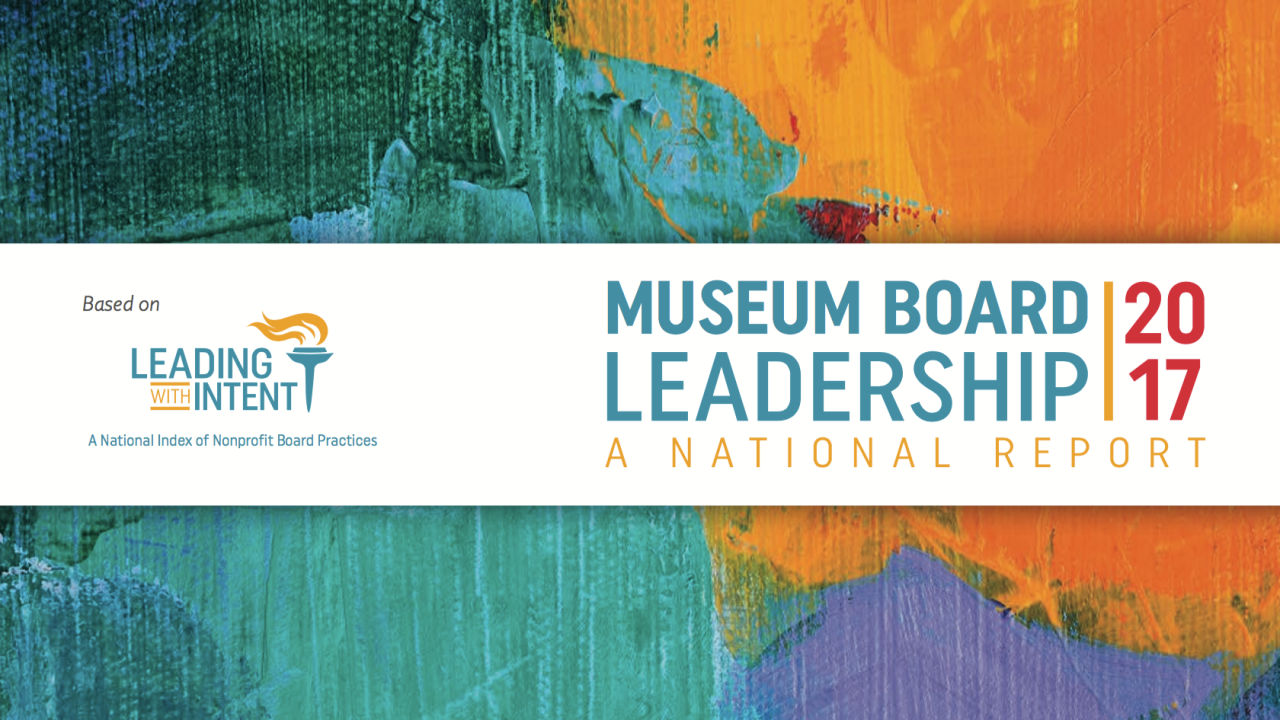 Cover Image from the Museum Board Leadership report. Multi-colored abstract background behind title text