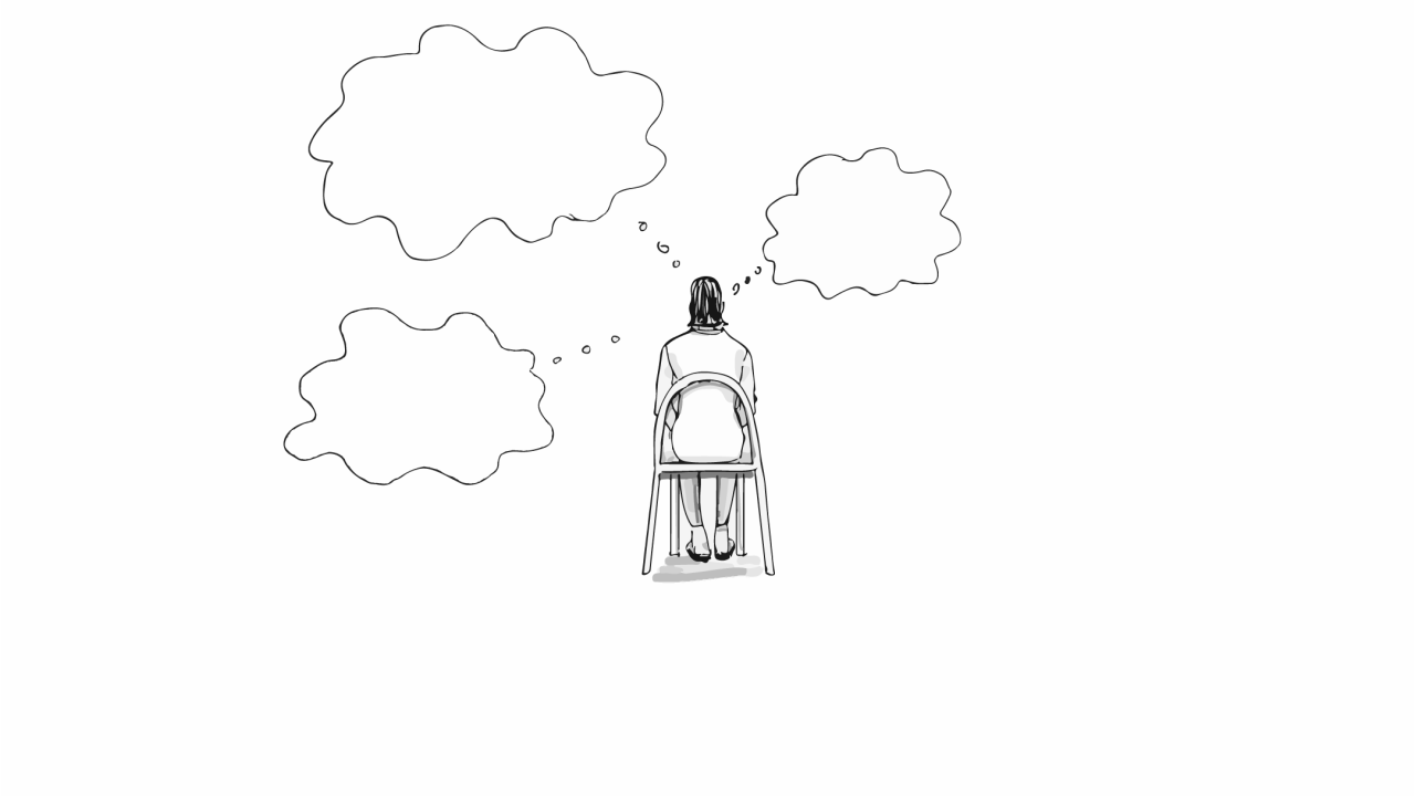 Illustration of a person sitting in a chair with their back to us and quote bubbles hovering over them.