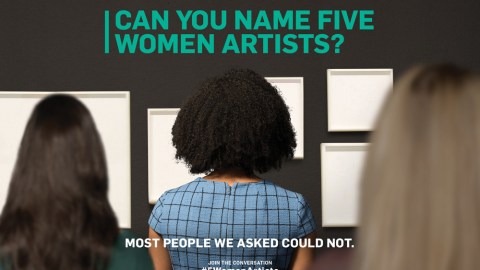 Image of several women looking at a set of blank white frames hanging on a wall with "Can you name 5 women artists?" written above the frames.