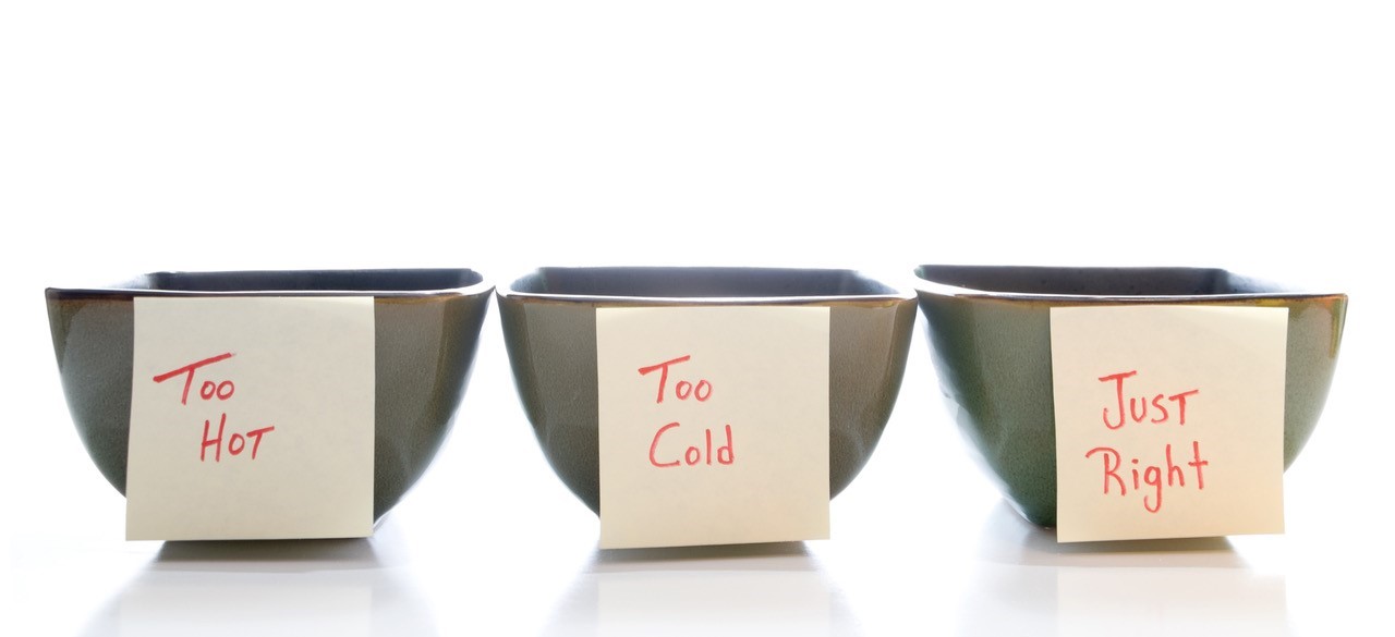 Image of three square bowls in a row. The first bowl has a yellow Post-It note attached that says "Too Hot", the second bowl has a yellow Post-It Note attached that says "Too Cold", the third bowl has a yellow Post-It Note that says "Just Right" handwritten.