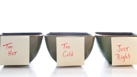 Image of three square bowls in a row. The first bowl has a yellow Post-It note attached that says "Too Hot", the second bowl has a yellow Post-It Note attached that says "Too Cold", the third bowl has a yellow Post-It Note that says "Just Right" handwritten.