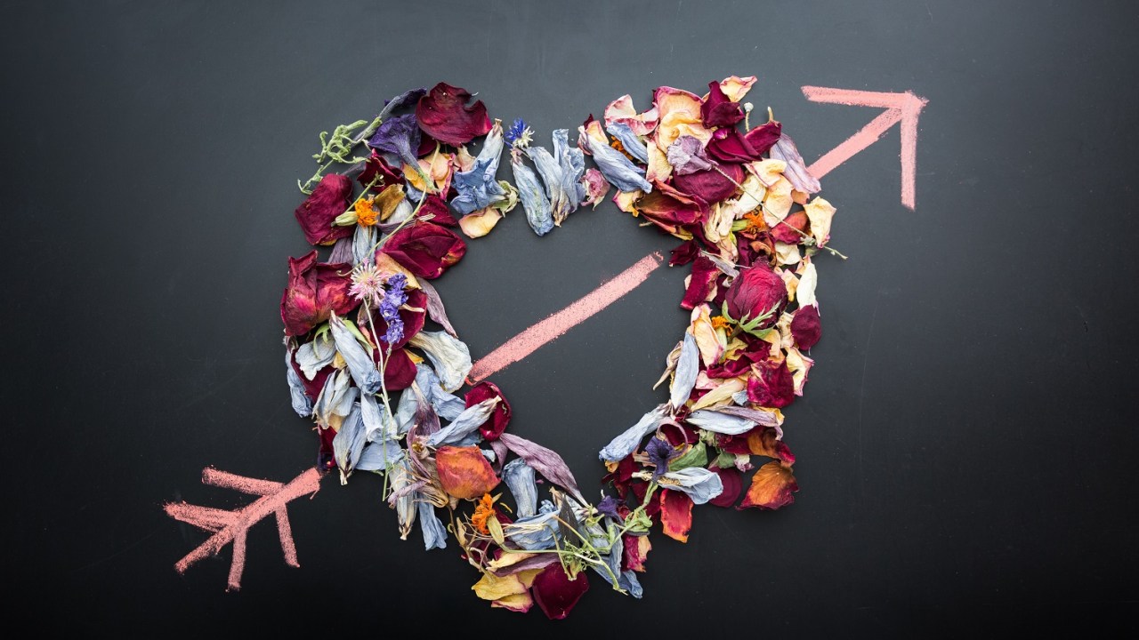 Image of a heart made with different colored flower petals with a pink chalk drawn arrow through it.