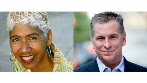Headshots of Ericka Huggins and Kevin Jennings