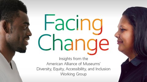 Facing Change Report Cover: A man looks into they eyes of a woman facing him with the text, "Facing Change" between them
