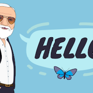 Blue graphic image with Andybot and butterflies with a speech bubble that says "Hello".