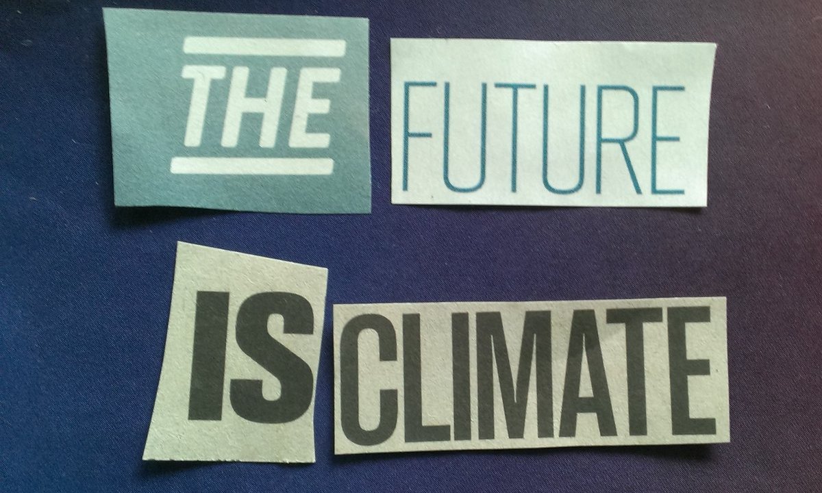 Image of four newspaper clippings with the words "The Future is Climate" laid on a blue background.