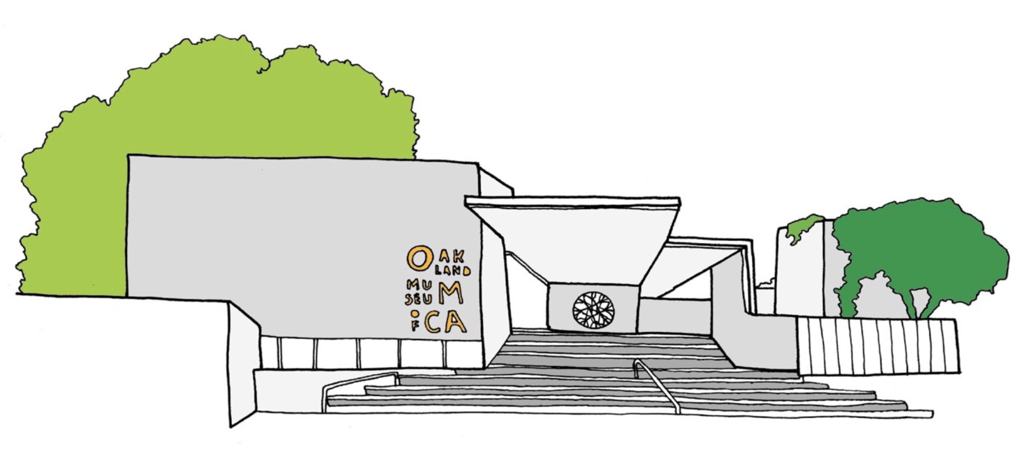 An illustration of the facade of the Oakland Museum of California.