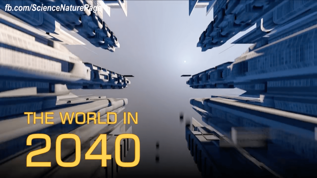 Image of a skyline from the ground and looking skyward. Text overlay, "The world in 2040".