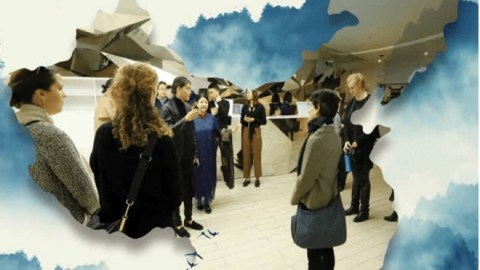 Art design image of group of people listening to a speaker while standing in a museum setting with a map overlay of China.