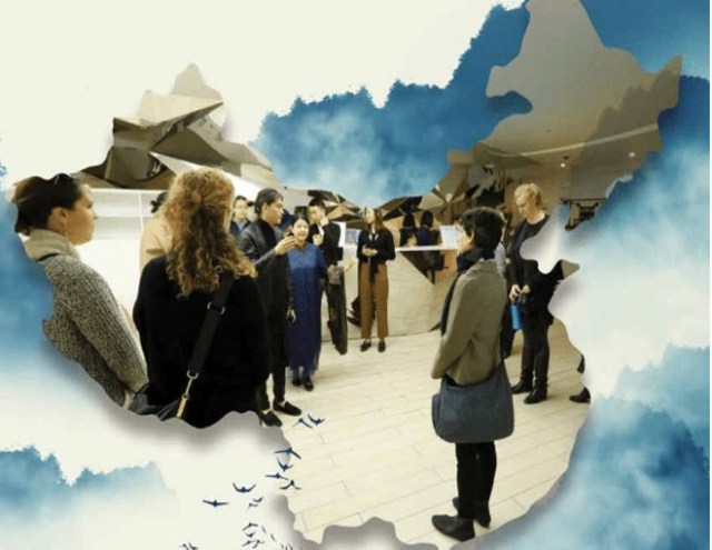 Art design image of group of people listening to a speaker while standing in a museum setting with a map overlay of China.