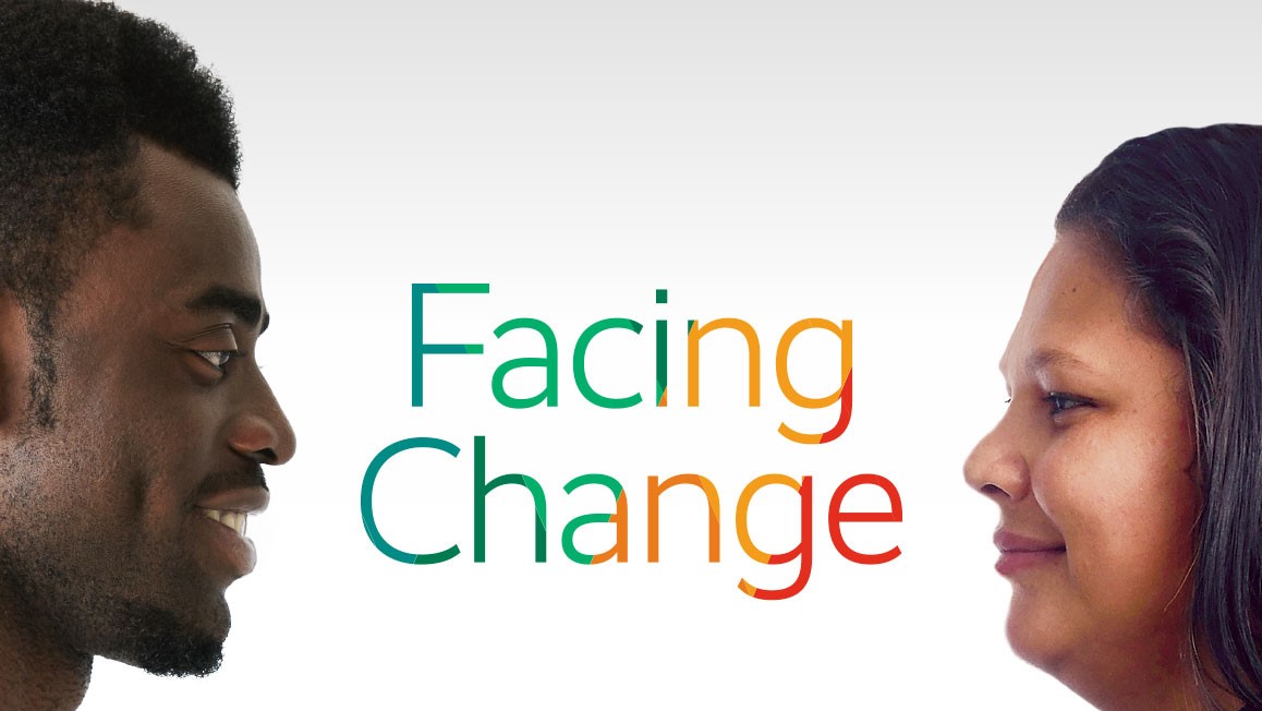 Facing Change Report Cover: A man looks into they eyes of a woman facing him with the text, "Facing Change" between them