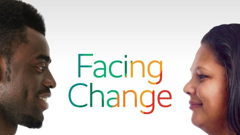 Facing Change Report Cover: A man looks into they eyes of a woman facing him with the text, "Facing Change" between them